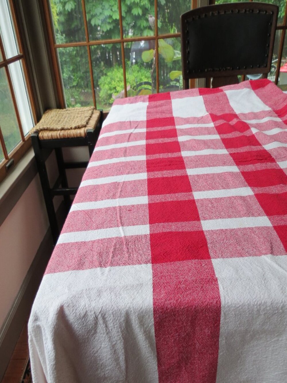 Farmhouse style Cloth White with Red Tablecloth Vintage Cottage
